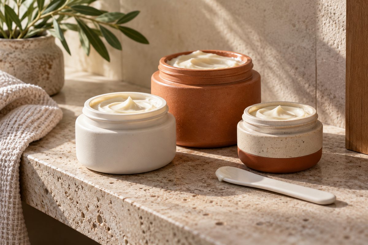 Matte ceramic jars of protective facial creams displayed on a studio shelf