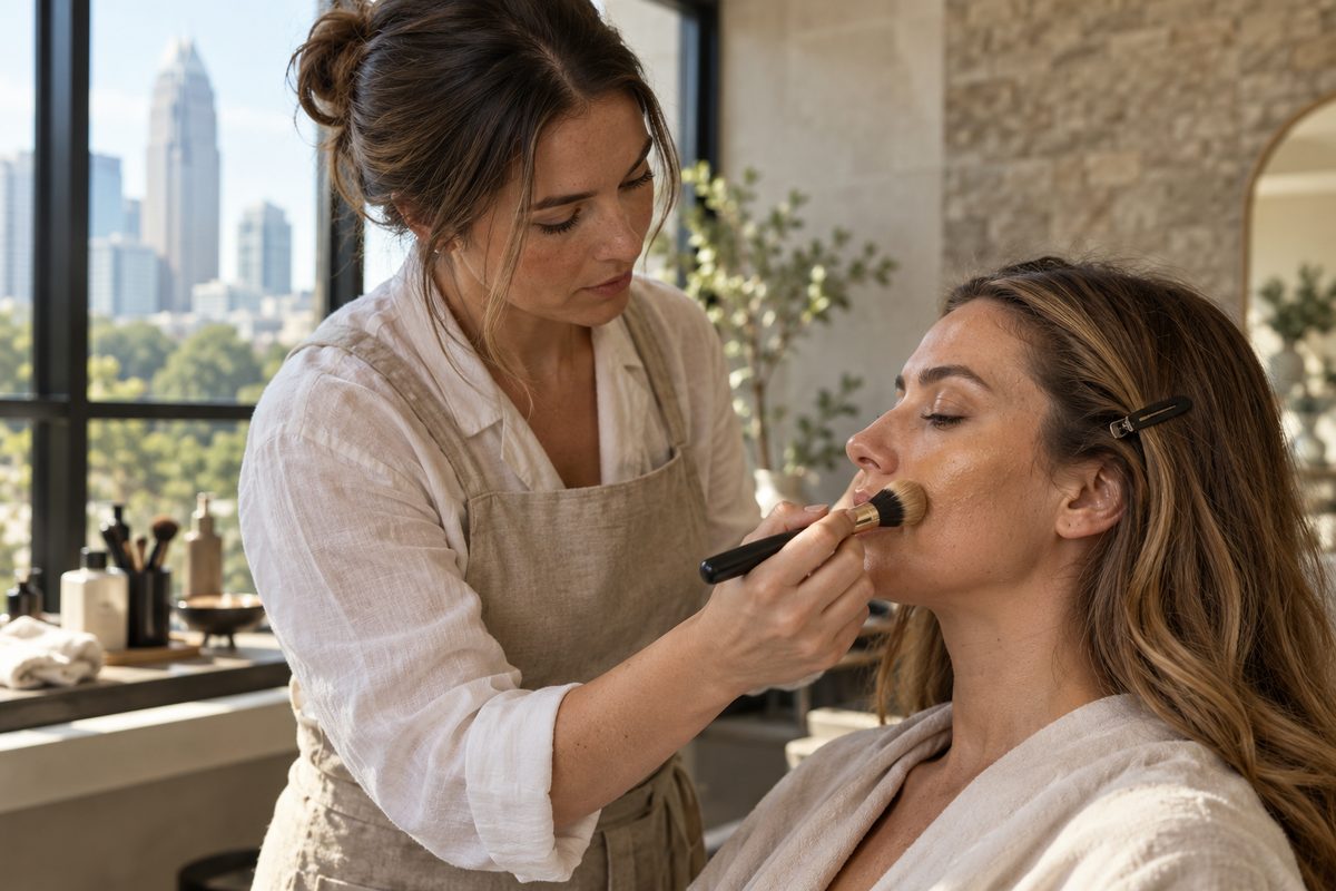 Aesthetician in studio applying foundation base to a client with a dense makeup brush