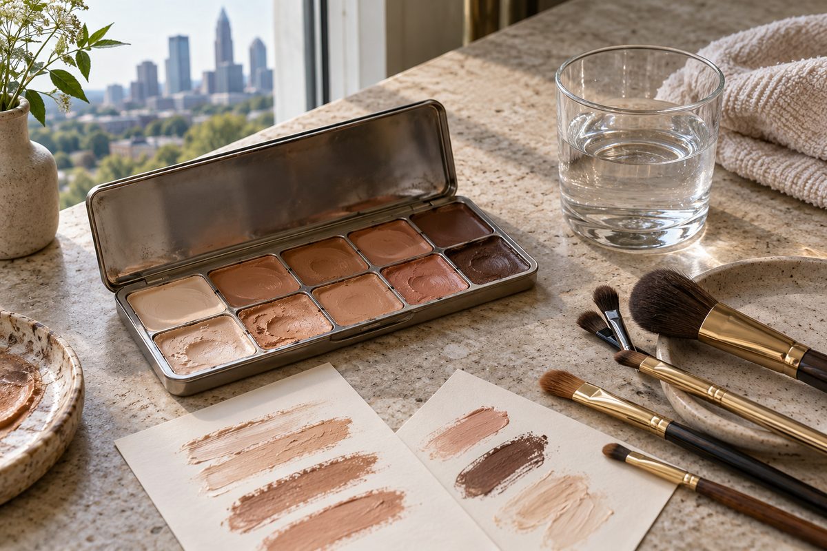 Open cosmetic mixing palette, brush set, and shade swatch cards on a stone workstation