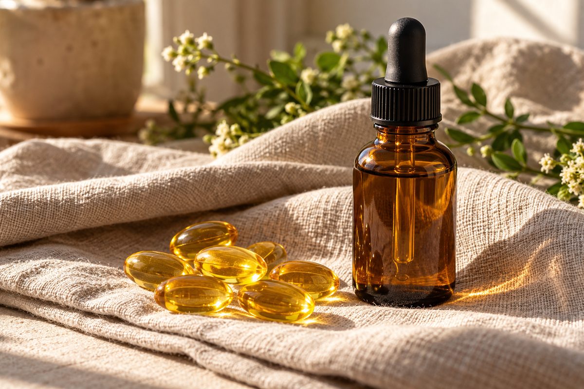 Amber glass skincare bottle and golden oil capsules on natural greige linen