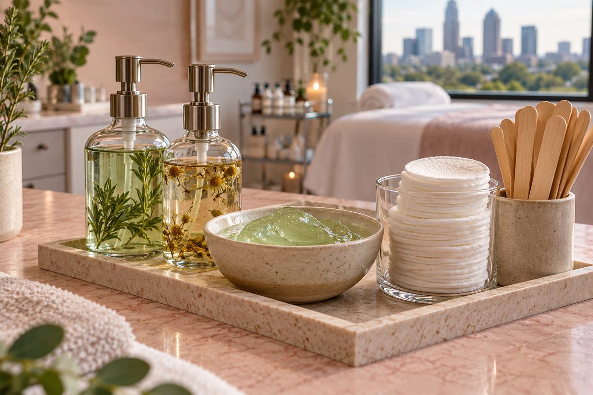 Facial waxing preparation tray with soothing aloe tonics, cotton rounds, and spatulas