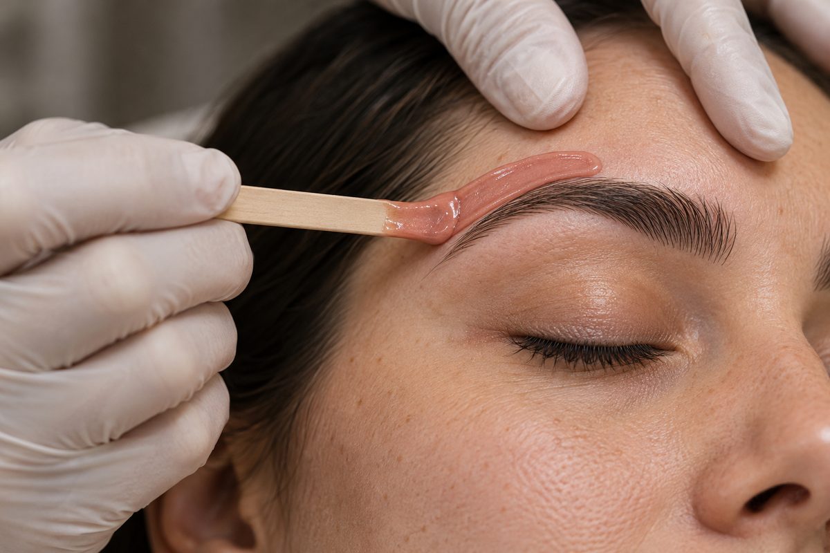 Professional application of warm strip wax along the contour of a clean eyebrow